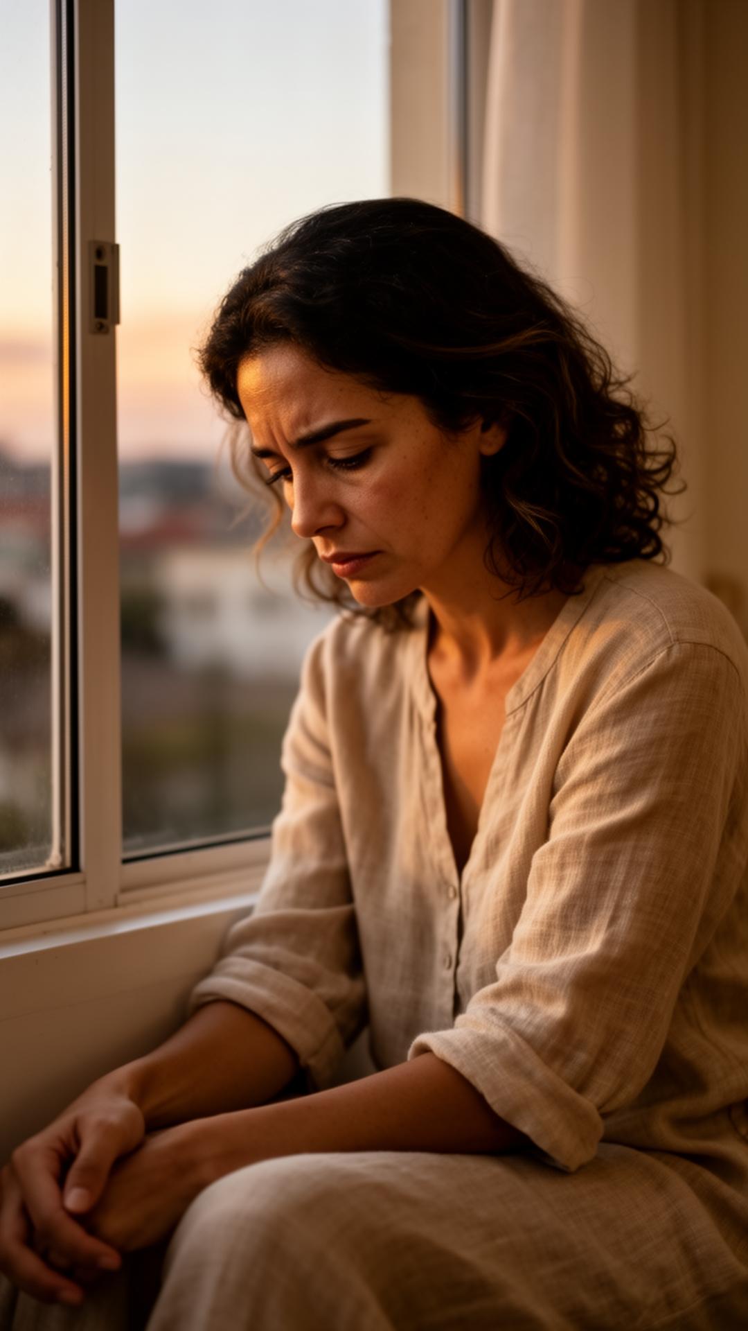 Mulher pensativa em momento de exaustão emocional